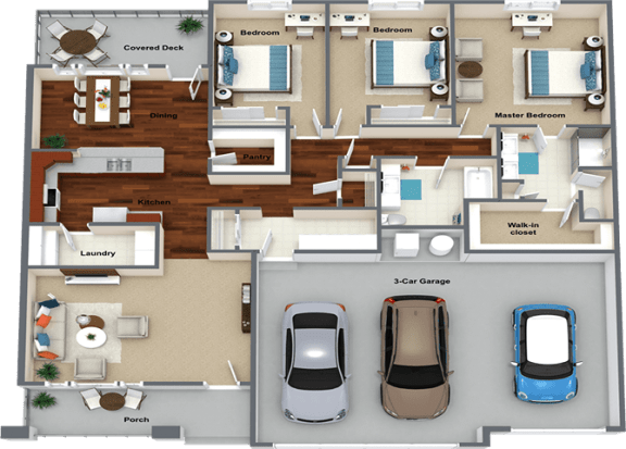 3d floor plan of a house with cars in the garage