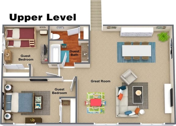 the upper level of a room with a bed and a living room