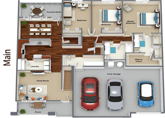 3d floor plan of a house with cars in the garage