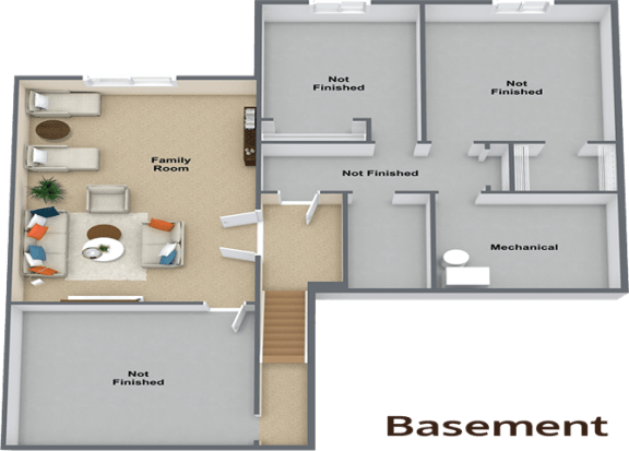 a floor plan of a basement with a bedroom and a living room