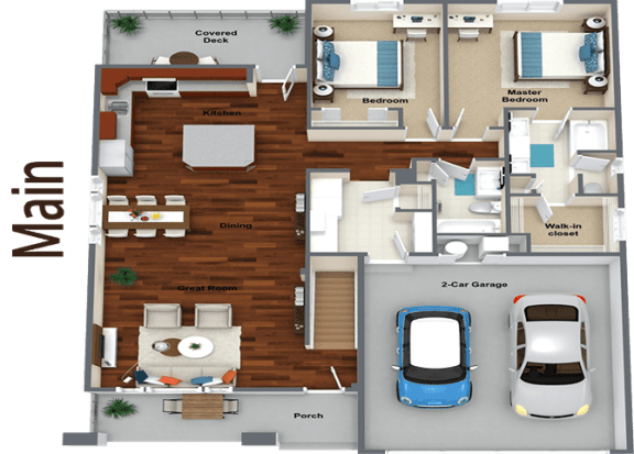 3d floor plan of a residence with a car in the garage