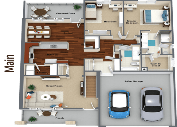 3d floor plan of a residence with a car in the garage