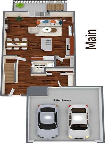 a 3d rendering of a house with a car in the garage