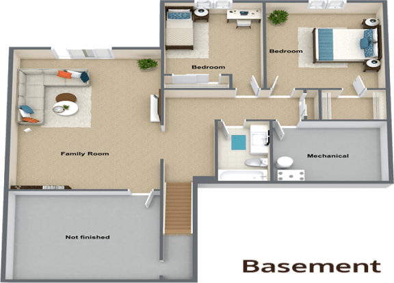 a floor plan of a basement with a bedroom and a living room