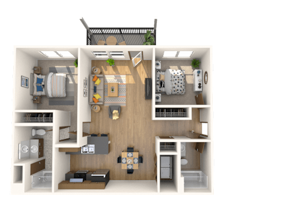 A 3D floor plan of a house showing a living room, kitchen, and two bedrooms.
