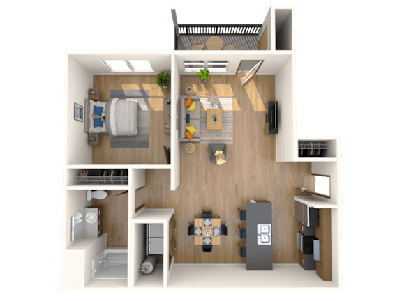A 3D floor plan of a small apartment with a kitchen, living room, and bathroom.
