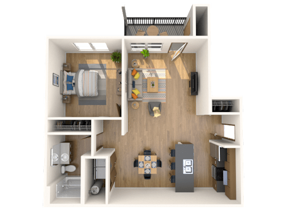 A 3D floor plan of a small apartment with a kitchen, living room, and bathroom.