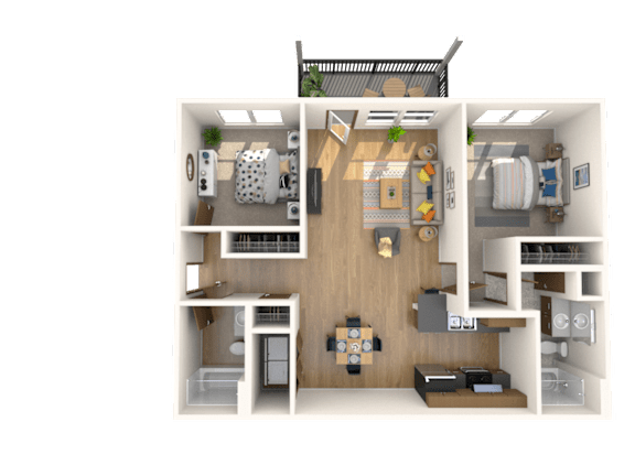 A 3D floor plan of a small apartment with a kitchen, living room, and bedrooms.