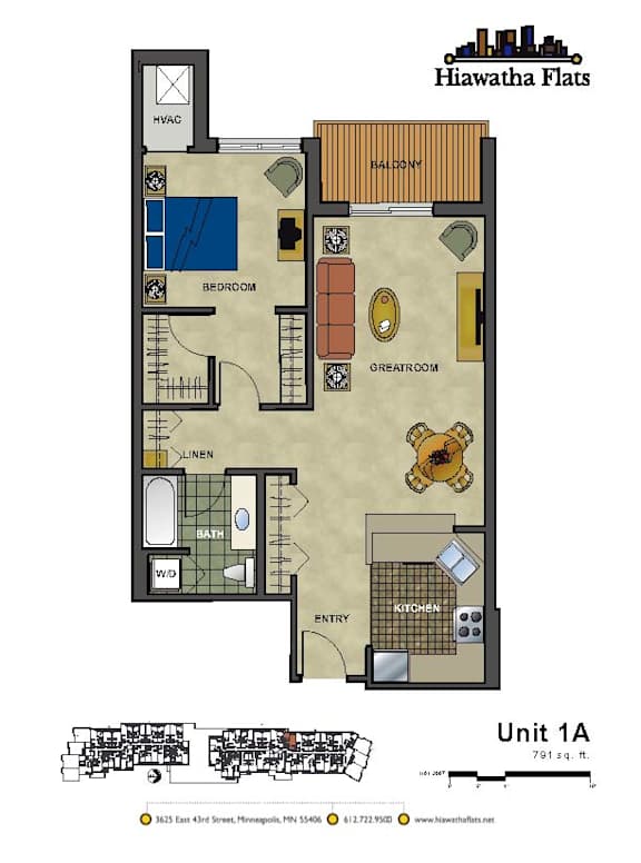 2d floorplan of a 1 bedroom, 1 bathroom unit
