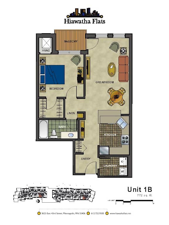 2d floorplan of a 1 bedroom, 1 bathroom unit