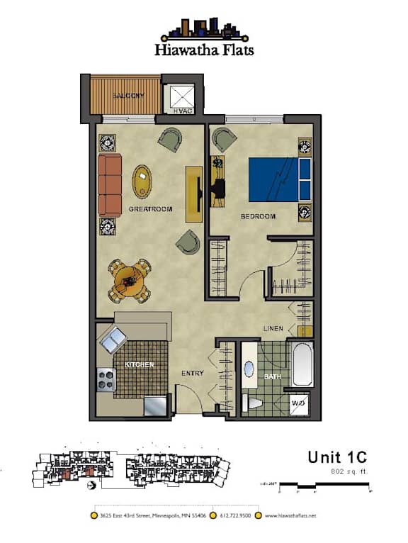 2d floorplan of a 1 bedroom, 1 bathroom unit