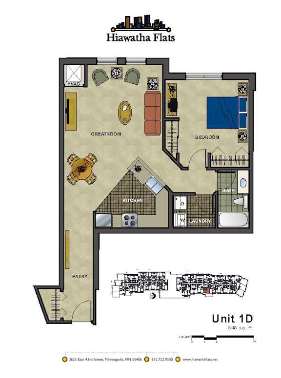 2d floorplan of a 1 bedroom, 1 bathroom unit