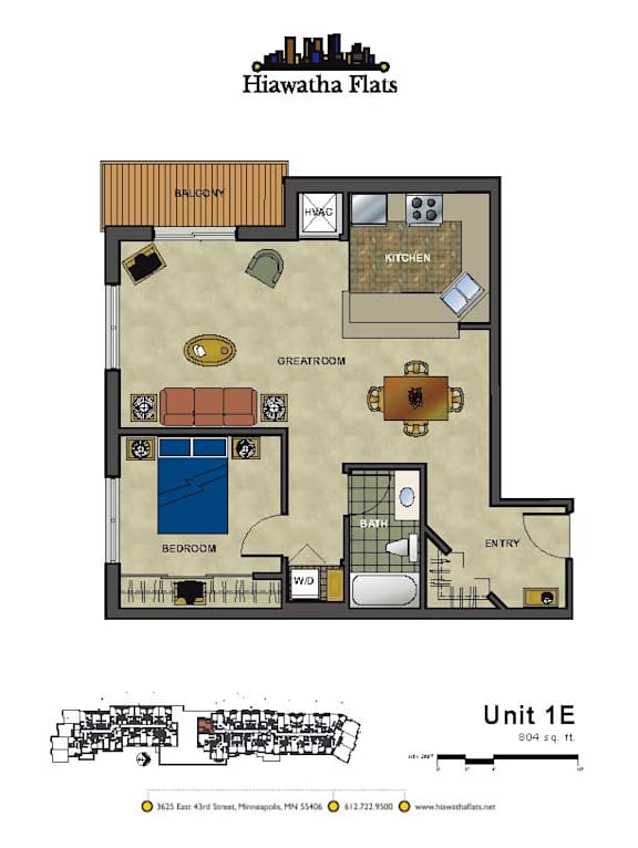 2d floorplan of a 1 bedroom, 1 bathroom unit