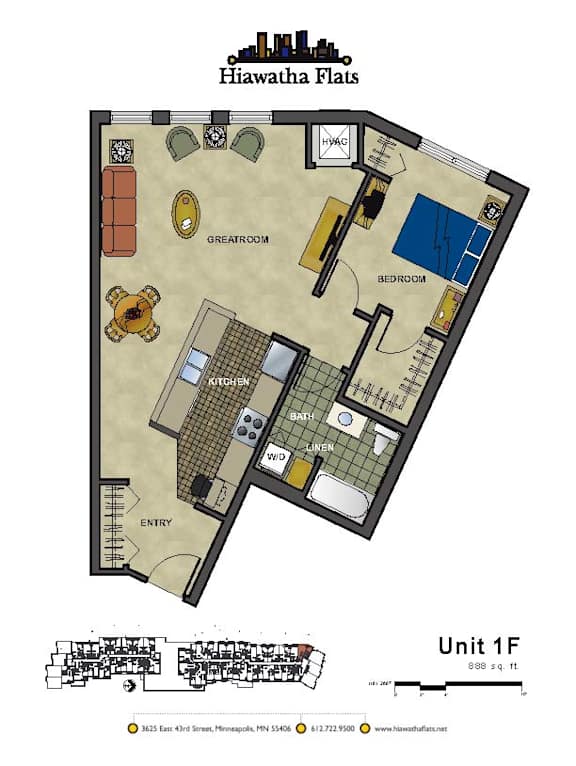 2d floorplan of a 1 bedroom, 1 bathroom unit