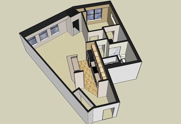3d floorplan of a 1 bedroom, 1 bathroom unit