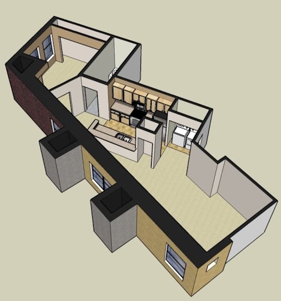 3d floorplan of a 1 bedroom 1 bathroom unit