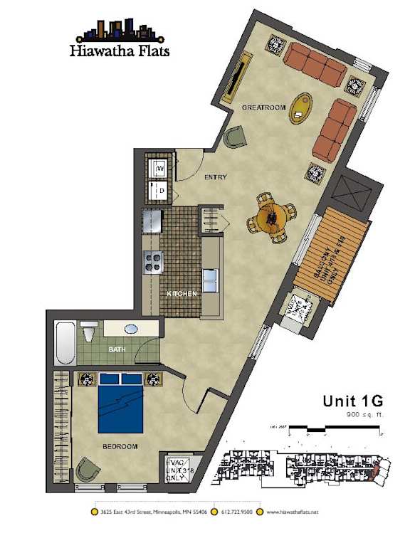 2d floorplan of a 1 bedroom, 1 bathroom unit