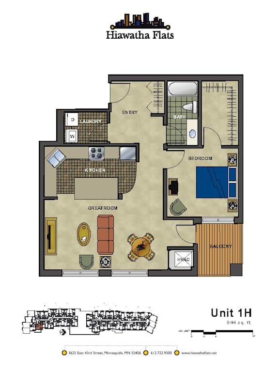 2d floorplan of a 1 bedroom, 1 bathroom unit