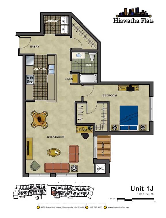 2d floorplan of a 1 bedroom, 1 bathroom unit