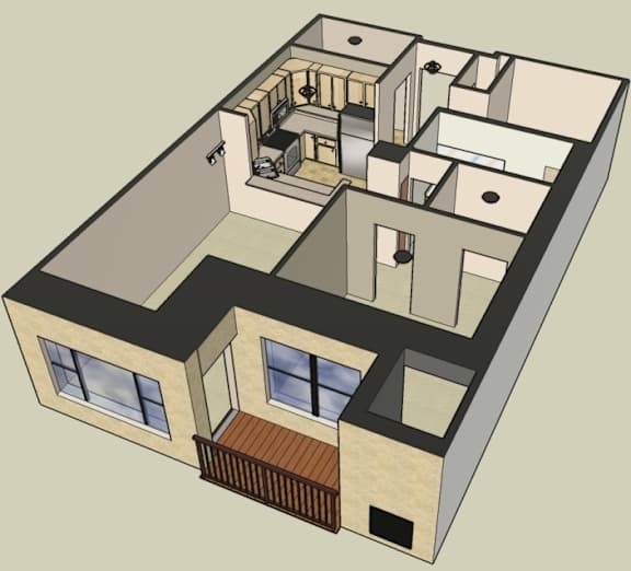 3d floorplan of a 1 bedroom, 1 bathroom unit