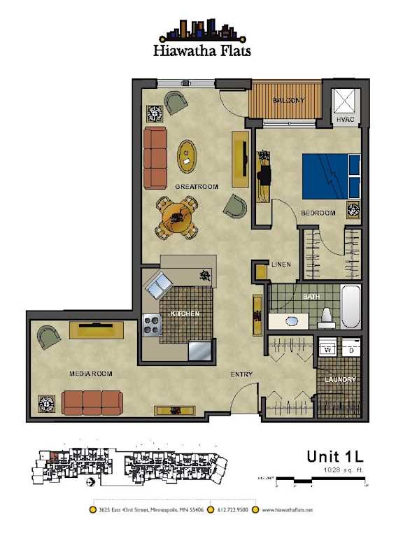 2d floorplan of a 1 bedroom, 1 bathroom unit