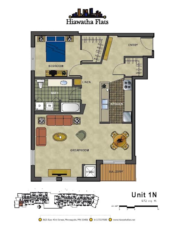2d floorplan of a 1 bedroom, 1 bathroom unit