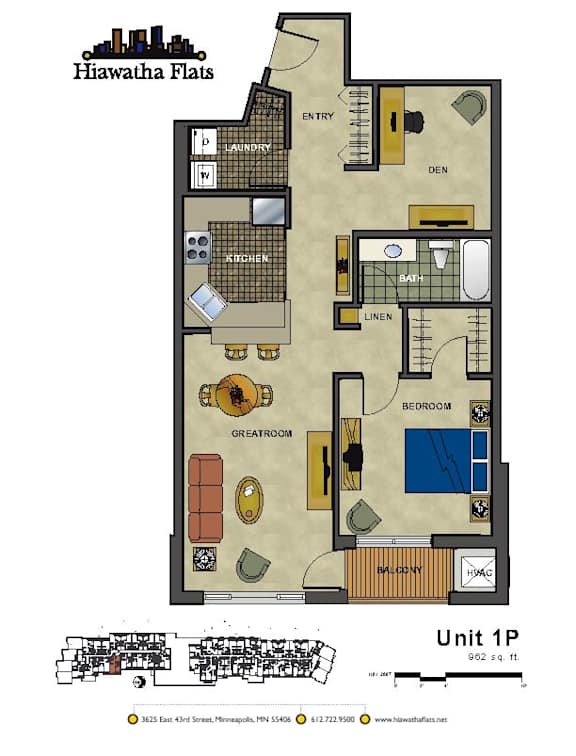 2d floorplan of a 1 bedroom, 1 bathroom unit