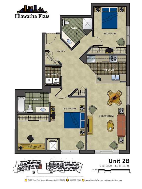 2d floorplan of a 2 bedroom, 2 bathroom unit