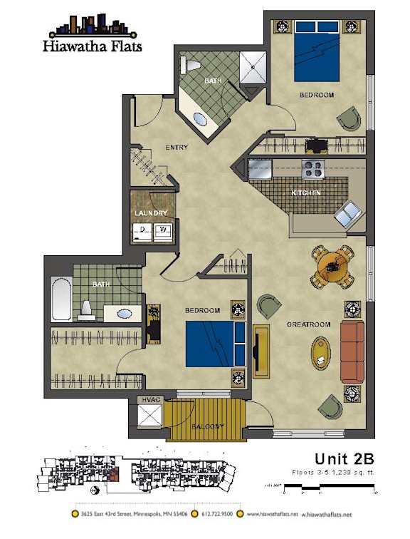2d floorplan showing the first floor of a 2 bedroom 2 bathroom unit