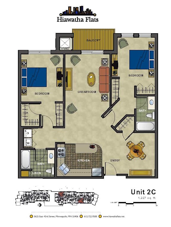 2d floorplan of a 2 bedroom, 2 bathroom unit