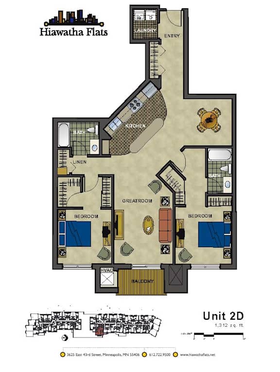 2d floorplan of a 2 bedroom, 2 bathroom unit