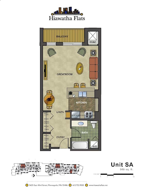 2d floorplan of a studio unit with one bathroom