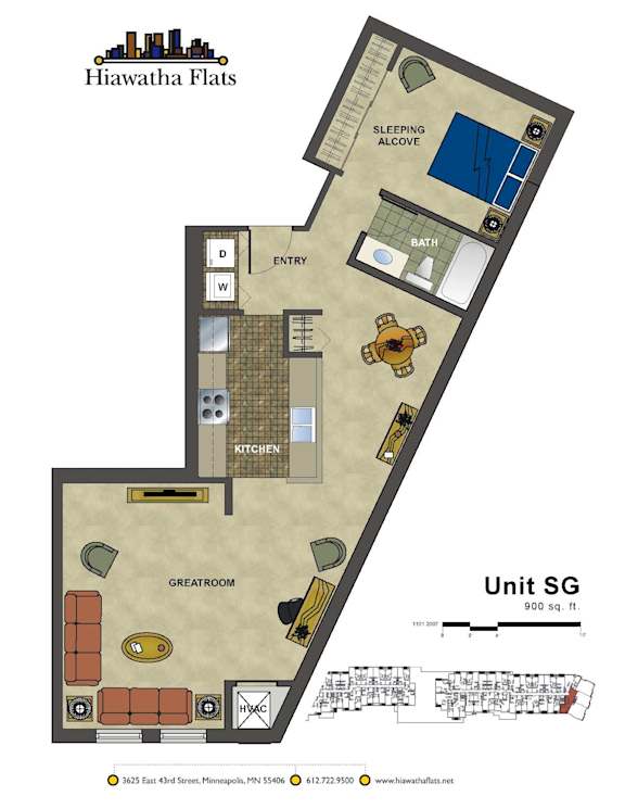 2d floorplan of a 1 bedroom, 1 bathroom unit