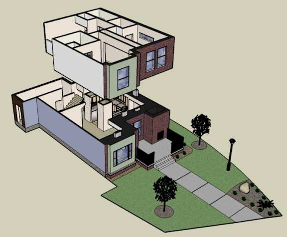 3d model showing the exterior and interior of a 2-floor 2 bedroom, 2 bathroom unit