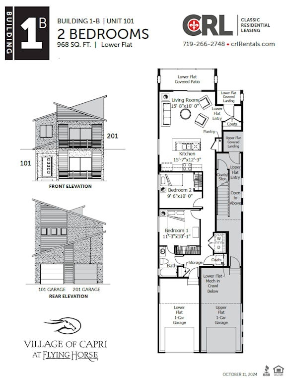 A drawing of a two bedroom building with a floor plan and elevation.