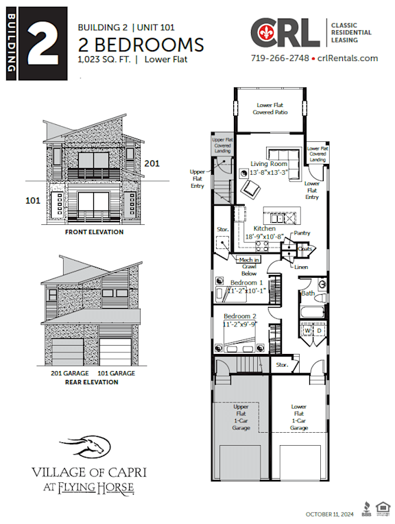 A floor plan for a 2 bedroom, 1,023 square foot lower flat is shown.