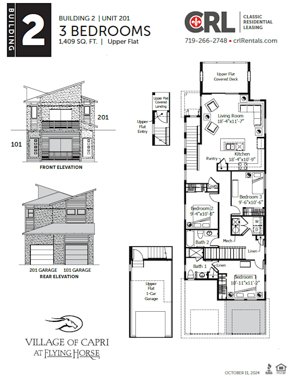A floor plan for a 2 bedroom, 1409 square foot, upper flat at the Village of Capri at Flying Horse.