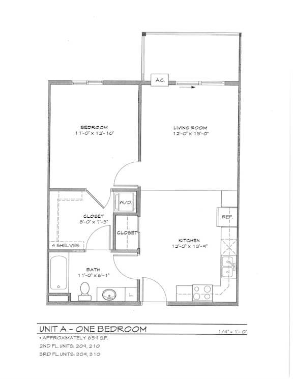 A floor plan of a one bedroom apartment with a living room, kitchen, and bathroom.