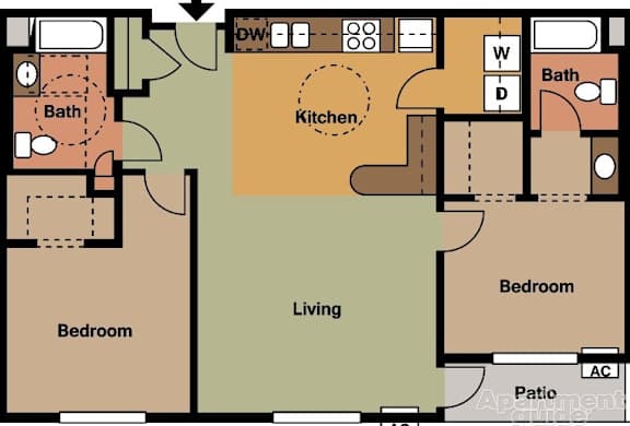 A floor plan of an apartment with a living room, kitchen, two bedrooms and a bathroom.