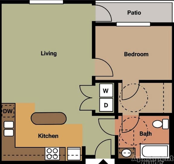 A floor plan of an apartment showing a living room, kitchen, bedroom, bathroom, and patio.