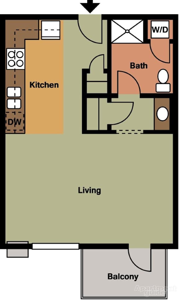 A floor plan of an apartment showing a living room, kitchen, bathroom, and balcony.