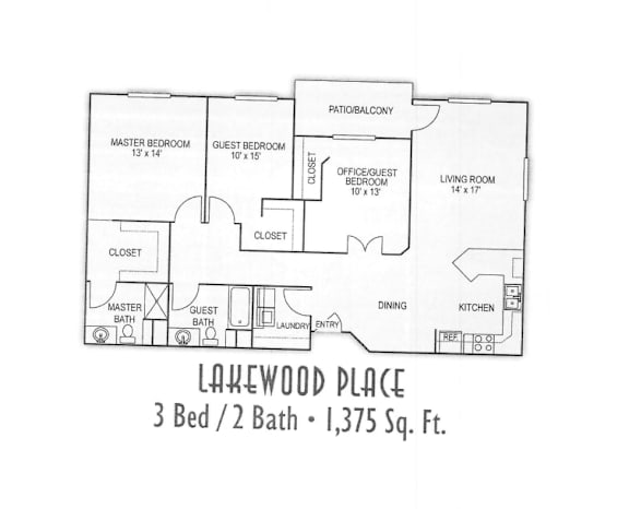 A floor plan for a 3 bedroom, 2 bathroom house.