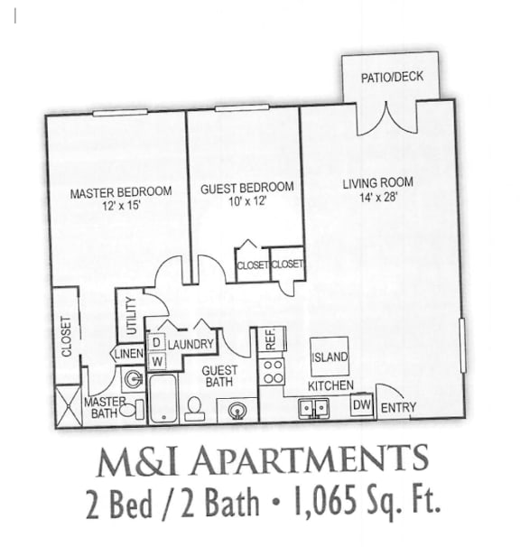 A floor plan of a 2 bedroom apartment with 1,065 square feet.