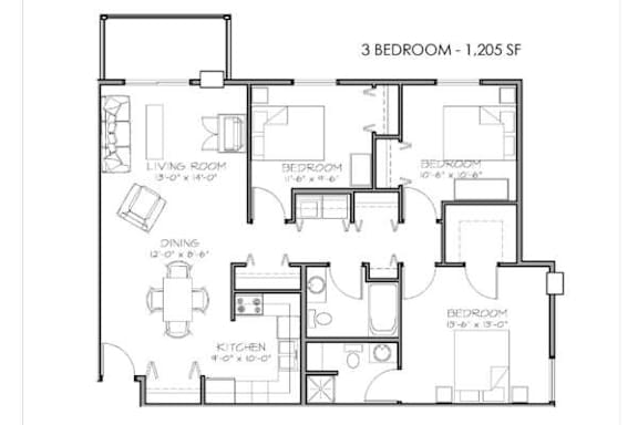 A floor plan of a 3 bedroom apartment with a living room, dining room, kitchen and three bedrooms.