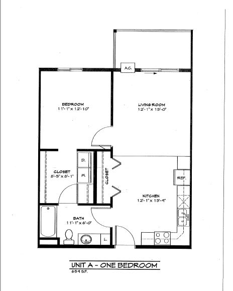 A floor plan of a one bedroom apartment with a living room, bedroom, kitchen and bathroom.