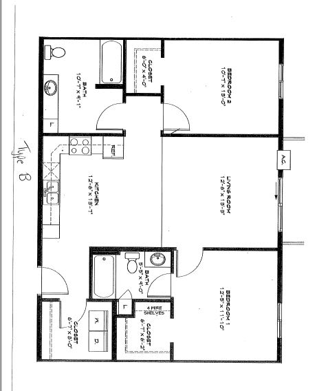 A floor plan of a Type 8 apartment with a kitchen, living room, and two bedrooms.