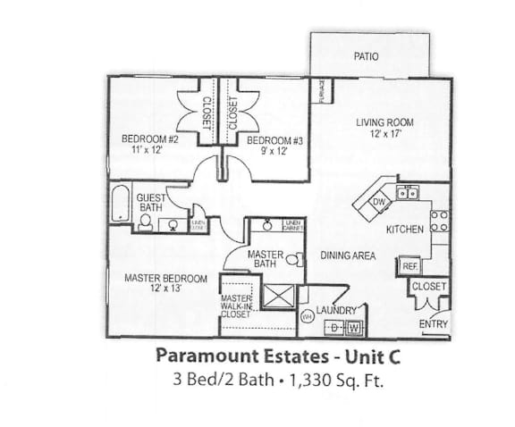 A drawing of a house layout with a living room, dining area, kitchen, and three bedrooms.