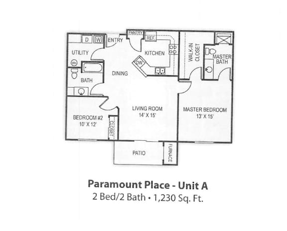 A drawing of a floor plan for Paramount Place - Unit A, a 2 Bed/2 Bath apartment sized at 1,230 Sq. Ft.