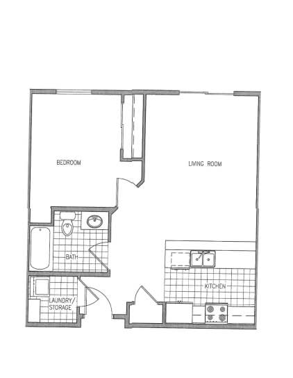 A floor plan of a small apartment with a bedroom, living room, kitchen, bath, and laundry storage.