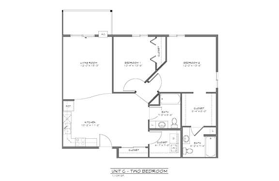 A floor plan of a bedroom unit with a living room, kitchen, and bathroom.